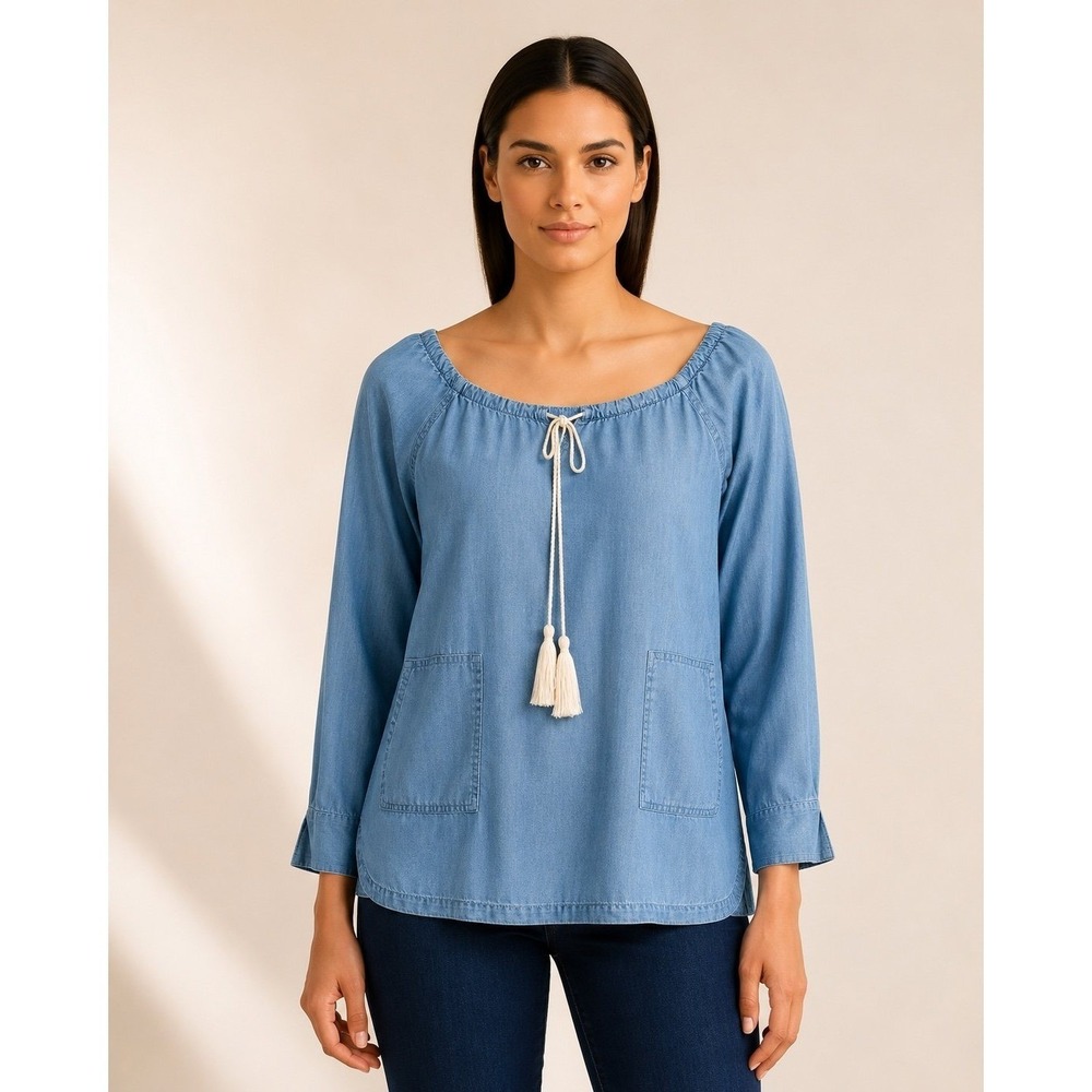 Tommy Hilfiger 100% Lyocell Chambray Boho Peasant Tunic Top Women's L